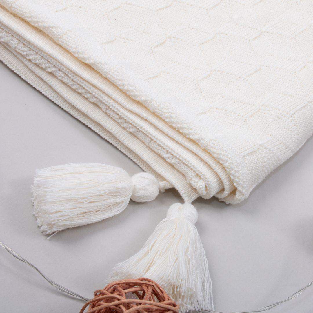 Manta Cobija Bebé Tejida Pompom Crema