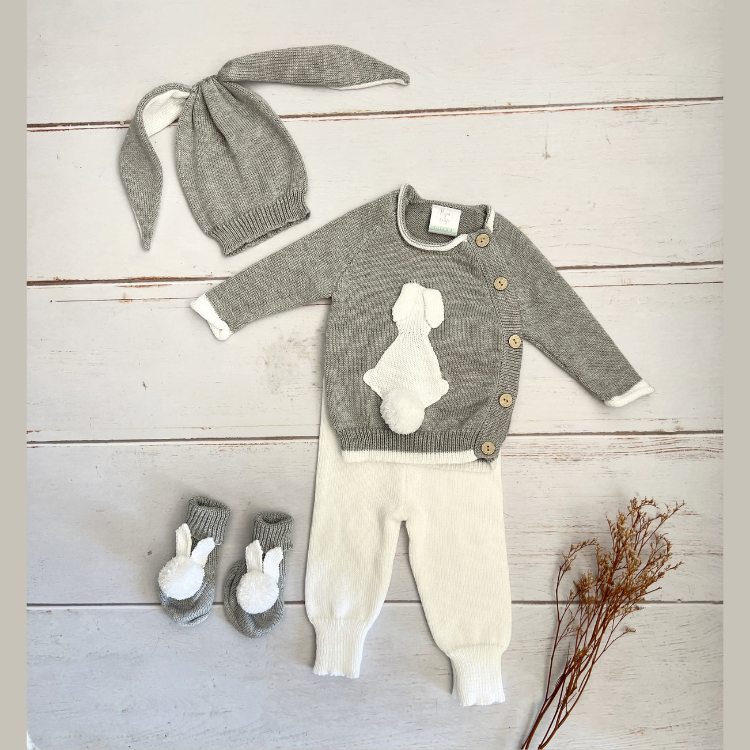 Conjunto Bebé Tejido Conejo Gris