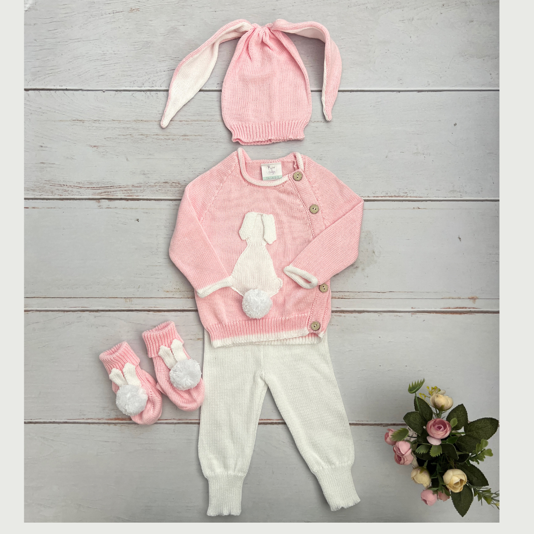 Conjunto Bebé Tejido Conejo Rosado