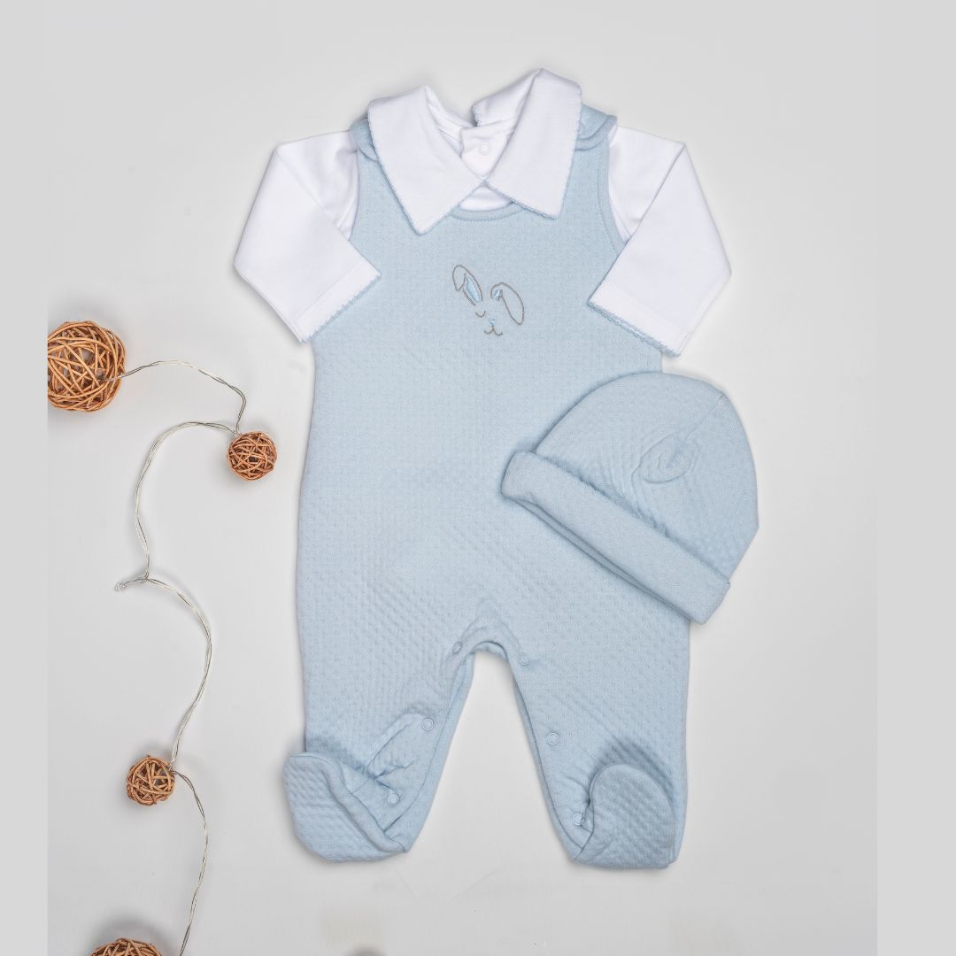 Conjunto Bebé Algodón Pima Overol y Mameluco Celeste