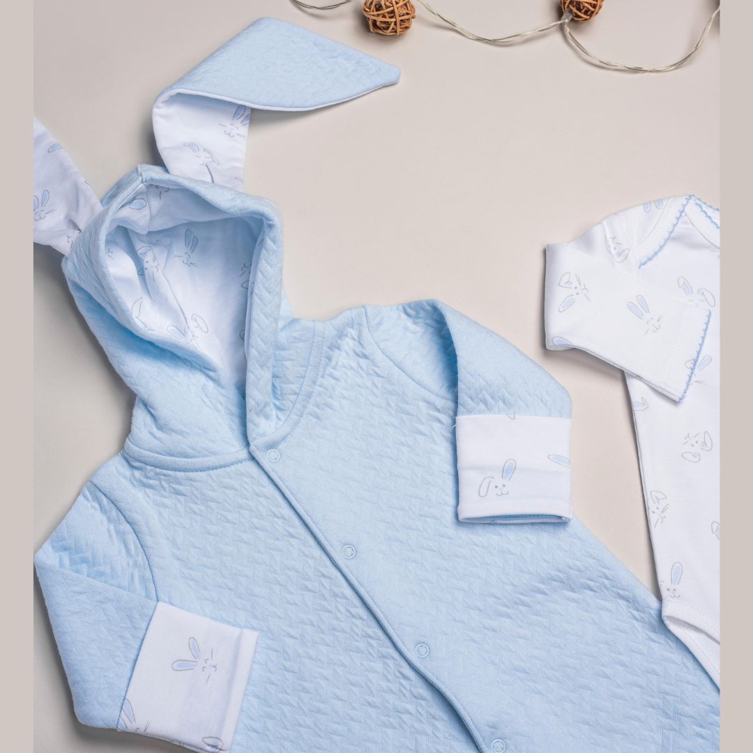Set Bebé 3 Prendas Enterizo Orejas de Conejo Celeste