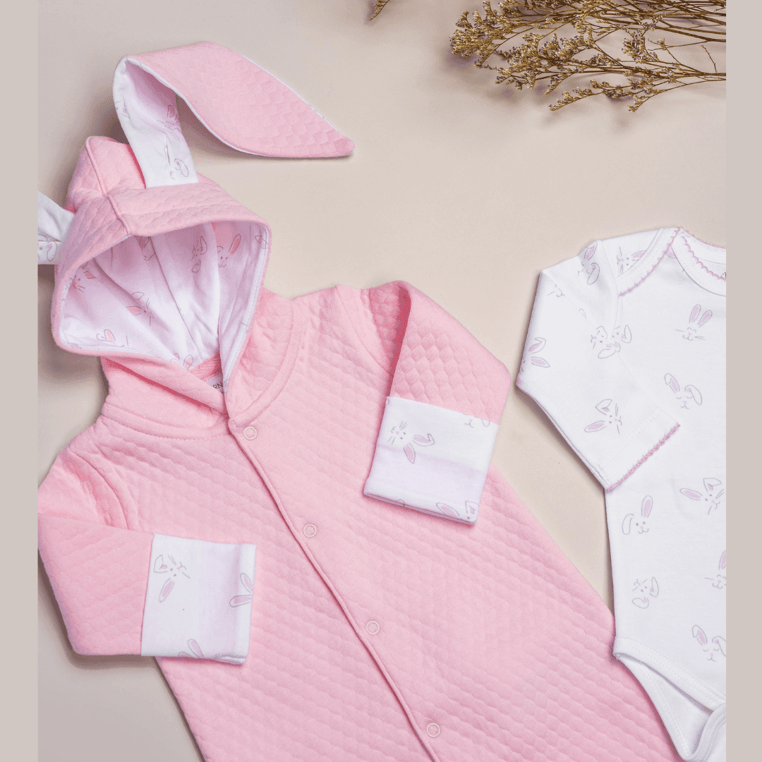 Set Bebé 3 Prendas Enterizo Orejas de Conejo Rosado