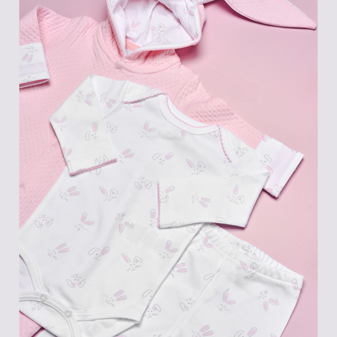 Set Bebé 3 Prendas Enterizo Orejas de Conejo Rosado