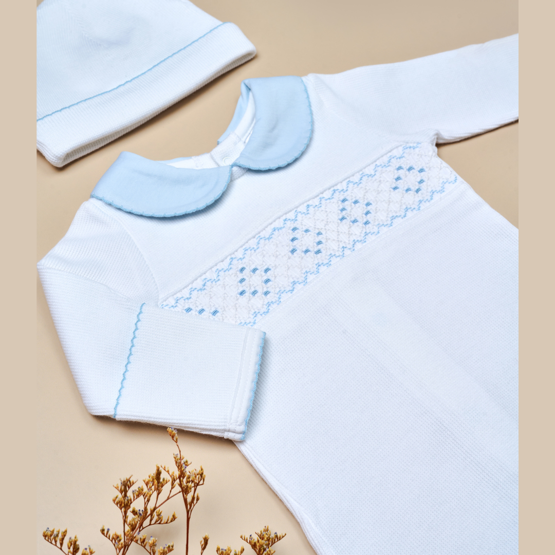 Enterizo Primer Día Bebé Algodón Pima Nido Abeja Blanco/Celeste