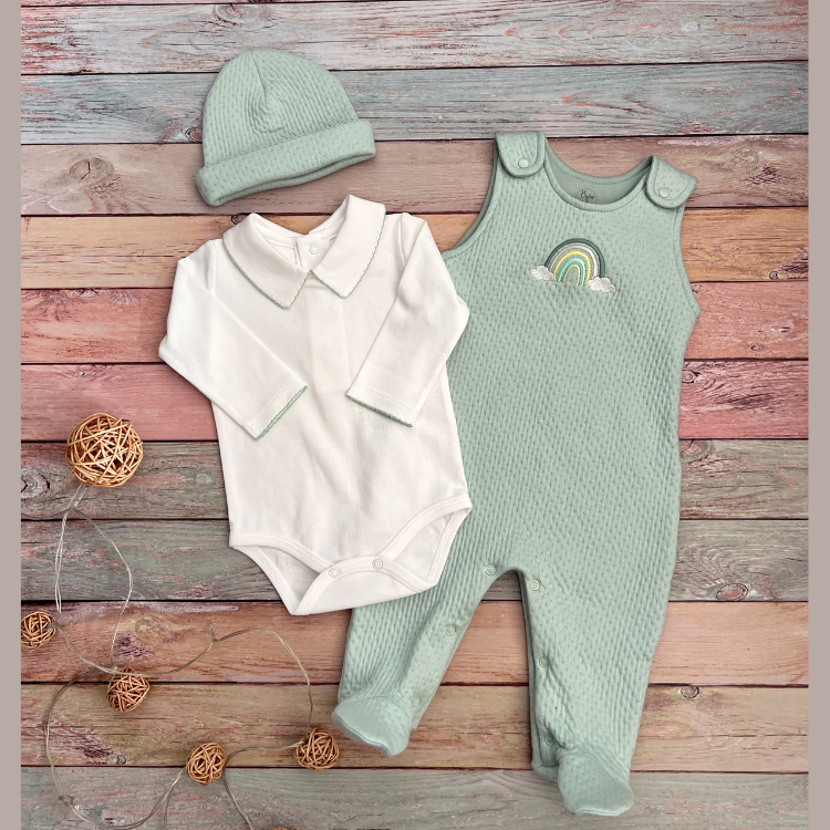 Conjunto Bebé Algodón Pima Overol y Mameluco Verde