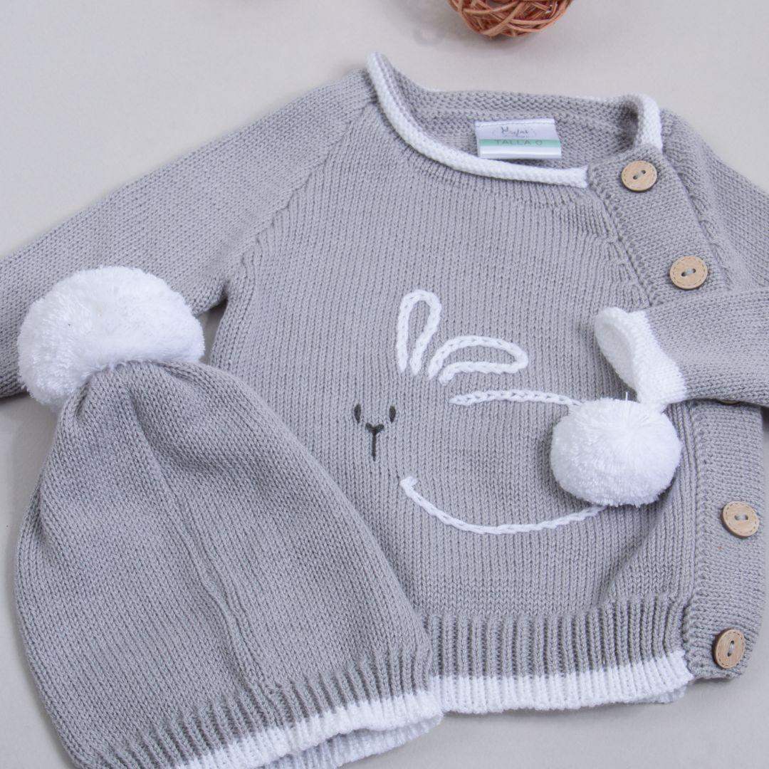 Conjunto Bebé Tejido Conejo Gris