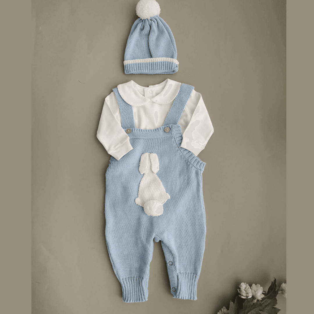 Enterizo Bebé Tejido Overall y Gorro Celeste