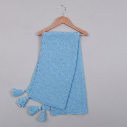 Manta Cobija Bebé Tejida Pompom Celeste