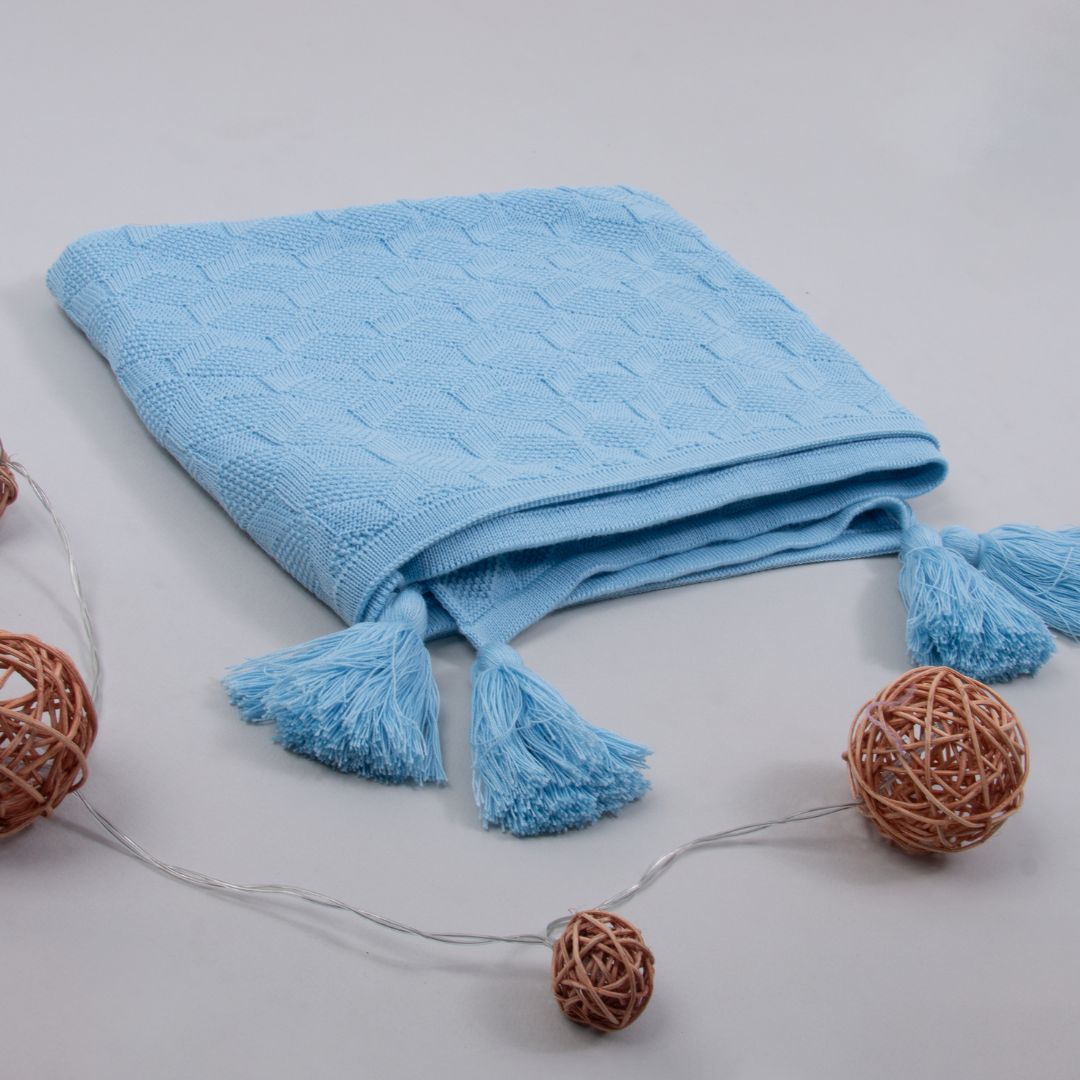 Manta Cobija Bebé Tejida Pompom Celeste