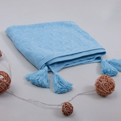 Manta Cobija Bebé Tejida Pompom Celeste