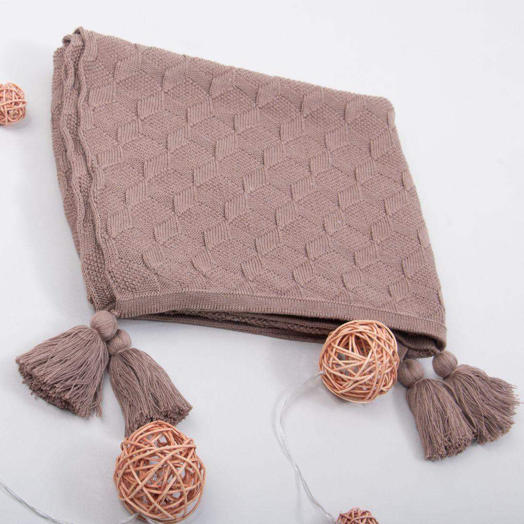 Manta Cobija Bebé Tejida Pompom Camel