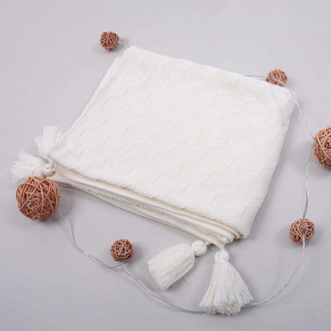 Manta Cobija Bebé Tejida Pompom Crema