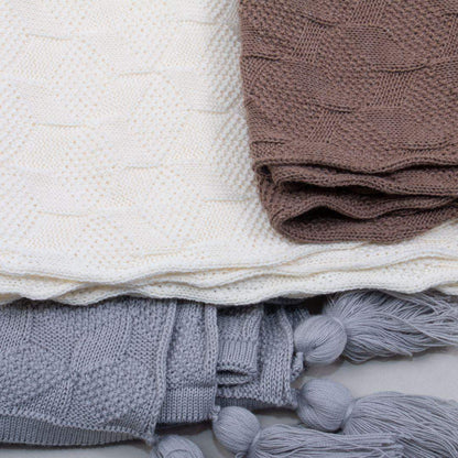 Manta Cobija Bebé Tejida Pompom Crema