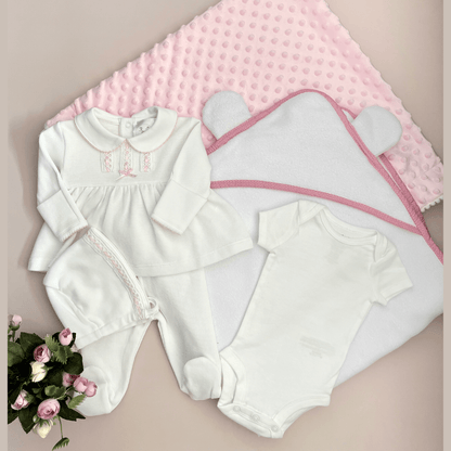 Combo Recién Nacido Vestido Blanco Rosa