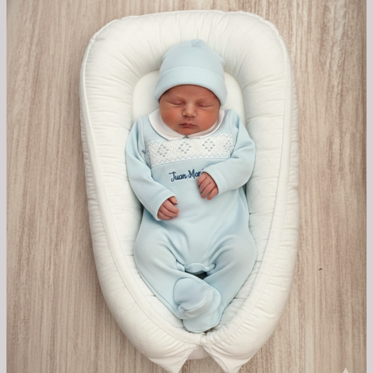 Enterizo Primer Día Bebé Algodón Pima Nido Abeja Celeste