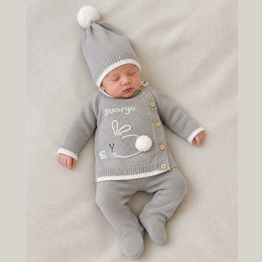 Conjunto Bebé Tejido Conejo Gris