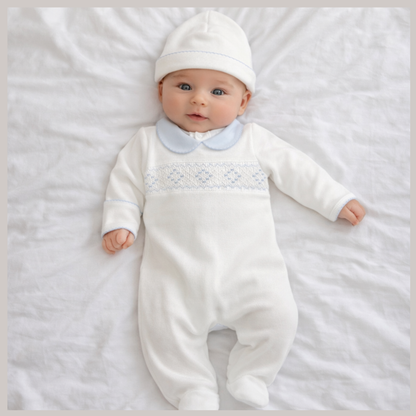 Enterizo Primer Día Bebé Algodón Pima Nido Abeja Blanco/Celeste