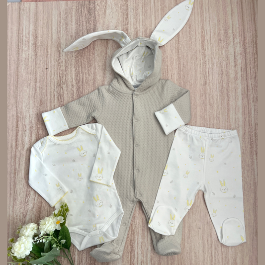 Set Bebé 3 Prendas Enterizo Orejas de Conejo Gris