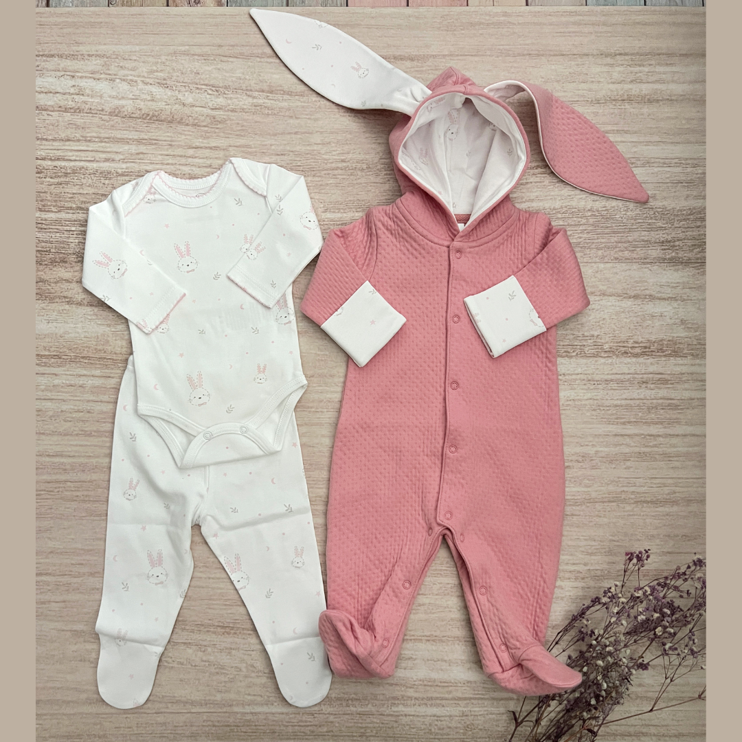 Set Bebé 3 Prendas Enterizo Orejas de Conejo Rosa