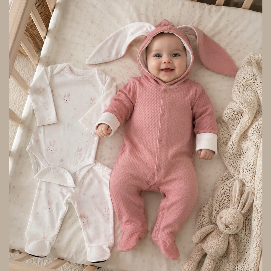 Set Bebé 3 Prendas Enterizo Orejas de Conejo Rosa