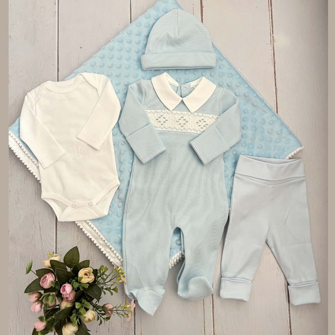 Combo Recién Nacido Enterizo Nido Abeja Celeste