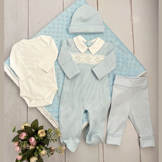 Combo Recién Nacido Enterizo Nido Abeja Celeste