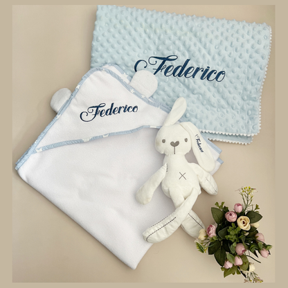 Bajo Pedido - Set Bebé Cobija, Toalla y Peluche Personalizado Niño
