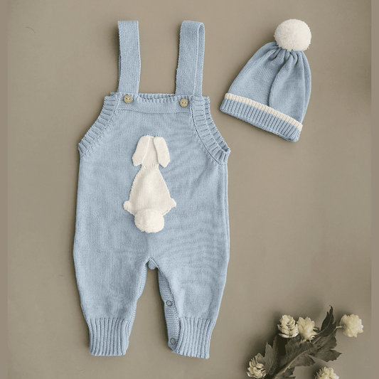Enterizo Bebé Tejido Overall y Gorro Celeste